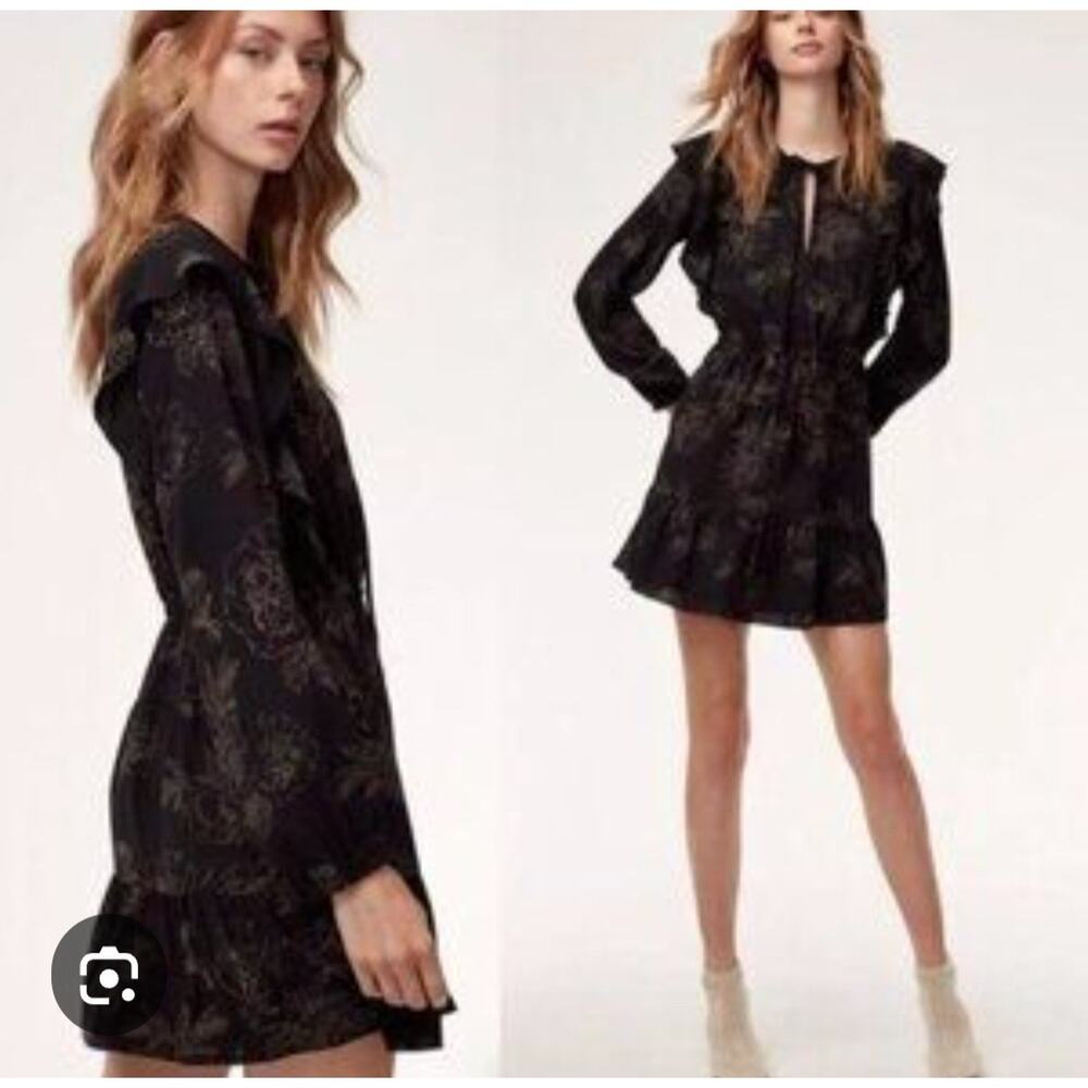 Aritzia Wilfred‎ Mini Dress Womens Small Marvelle Black Gold Floral Long Sleeve